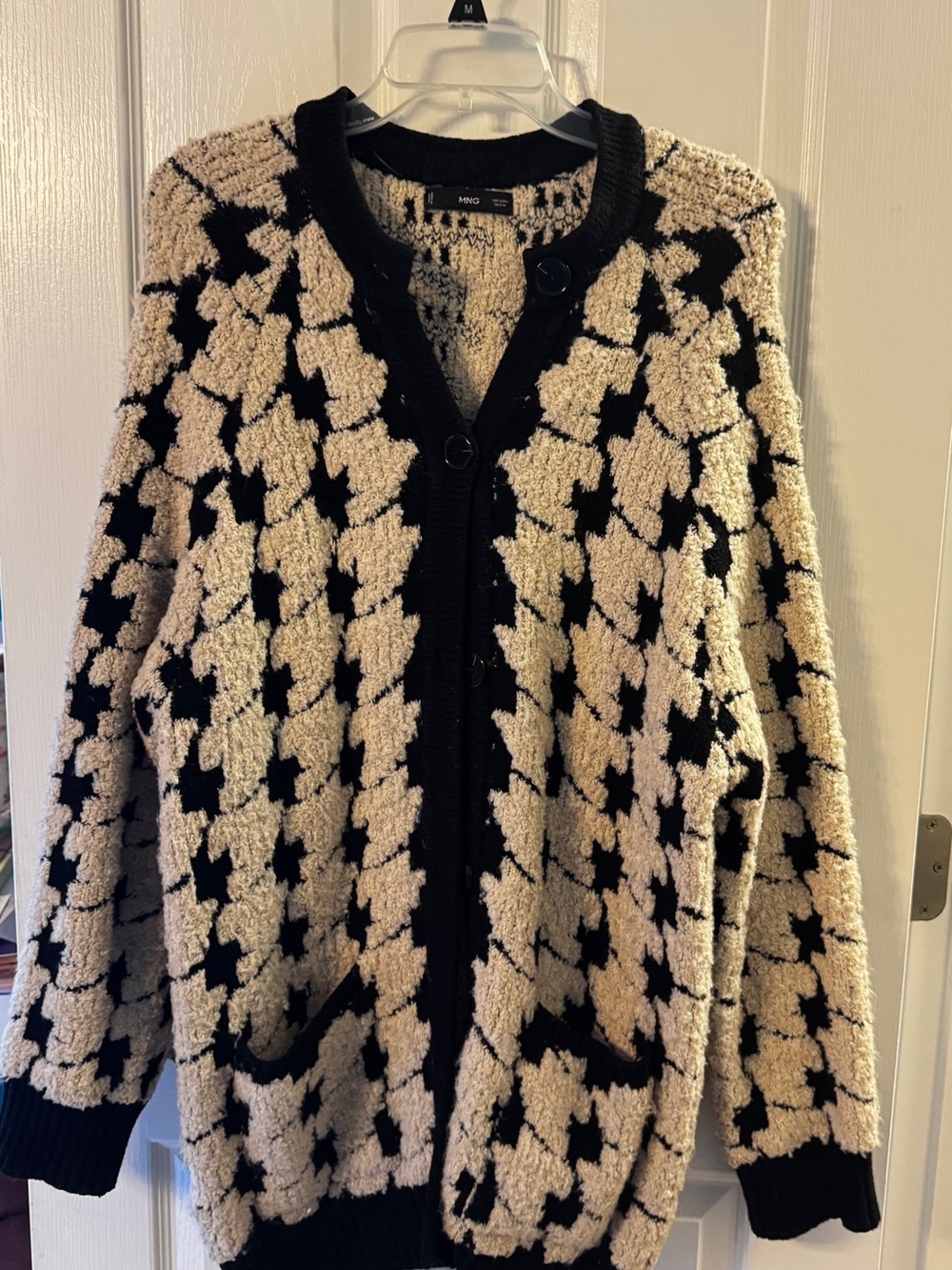 Mango Black and Cream Houndstooth Button-Front Cardigan